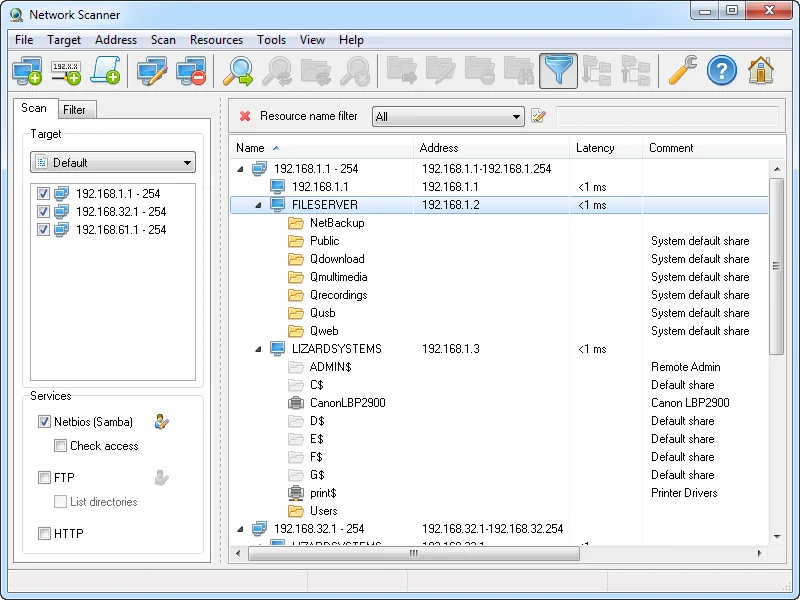 LizardSystems Network Scanner application window